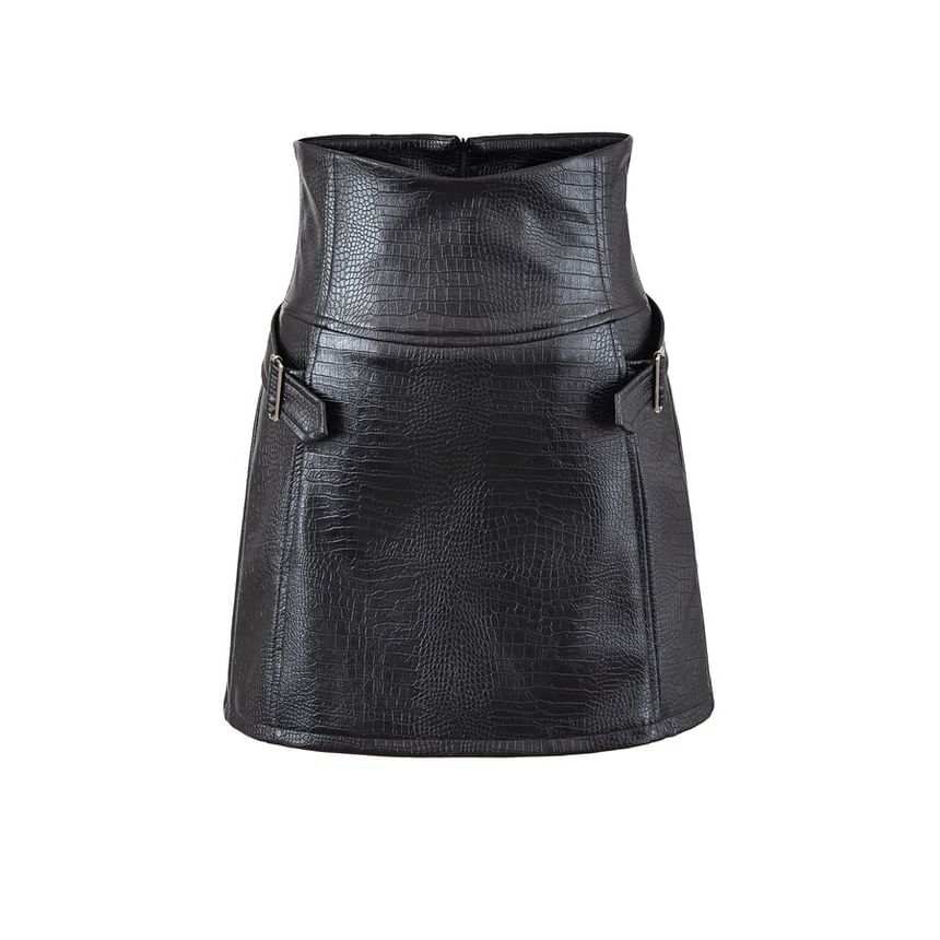 Black High Waist Plain Buckled Faux Leather Mini A-Line Skirt - Altfashion Shop