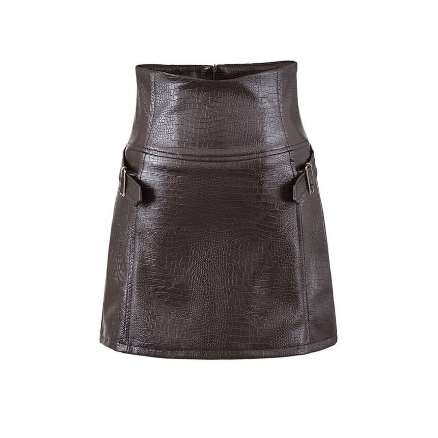 Black High Waist Plain Buckled Faux Leather Mini A-Line Skirt - Altfashion Shop