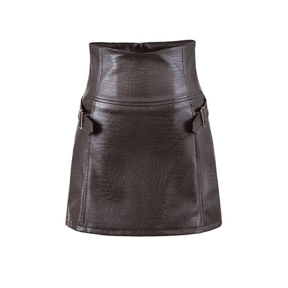 Black High Waist Plain Buckled Faux Leather Mini A-Line Skirt - Altfashion Shop