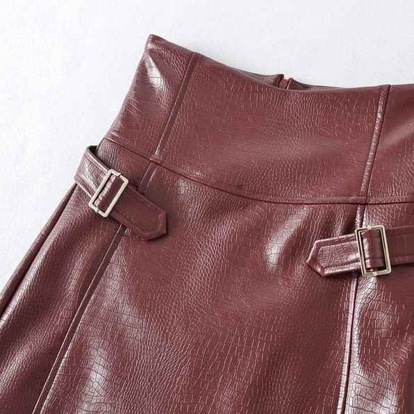 Black High Waist Plain Buckled Faux Leather Mini A-Line Skirt - Altfashion Shop