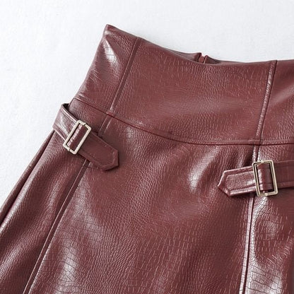 Black High Waist Plain Buckled Faux Leather Mini A-Line Skirt - Altfashion Shop