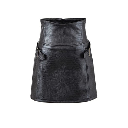 Black High Waist Plain Buckled Faux Leather Mini A-Line Skirt - Altfashion Shop