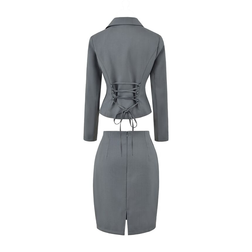 Notch Lapel Single-Breasted Plain Blazer with High Waist Pencil Skirt - Altfashion Shop
