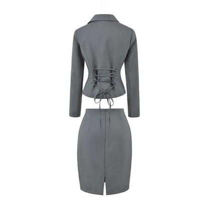 Notch Lapel Single-Breasted Plain Blazer with High Waist Pencil Skirt - Altfashion Shop
