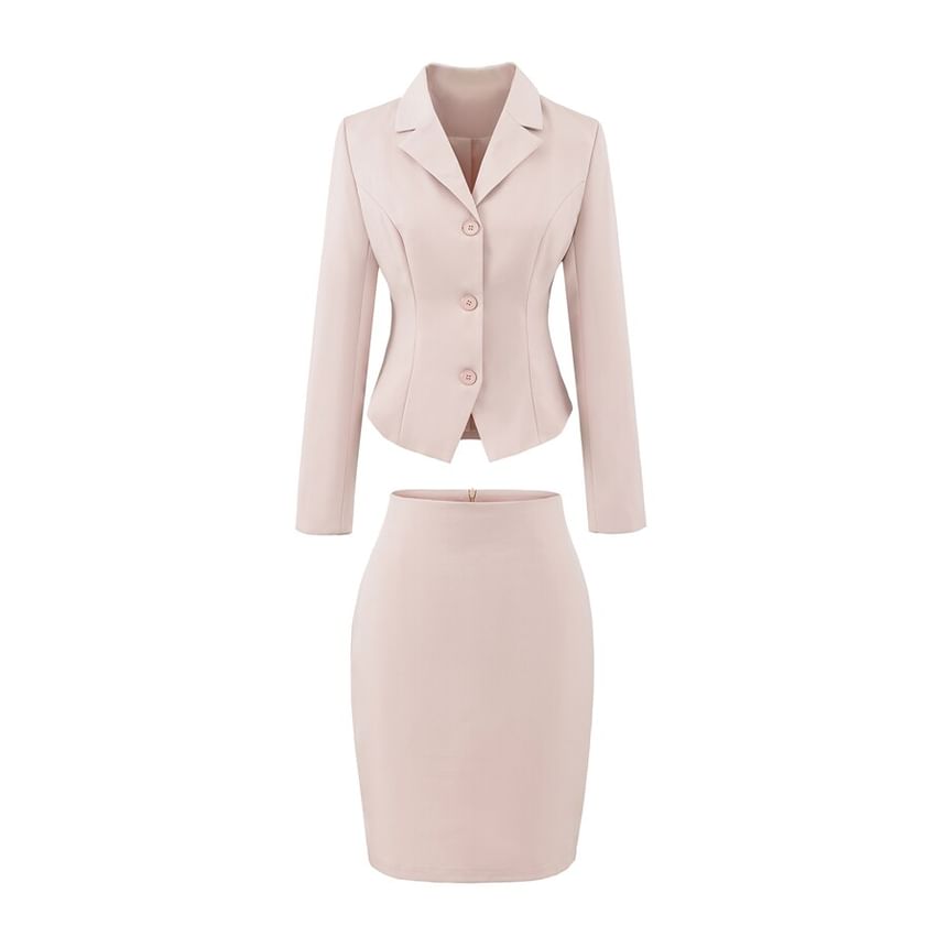 Notch Lapel Single-Breasted Plain Blazer with High Waist Pencil Skirt - Altfashion Shop