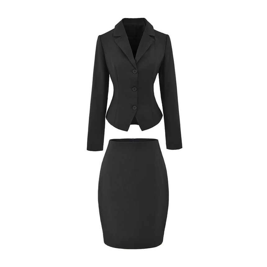 Notch Lapel Single-Breasted Plain Blazer with High Waist Pencil Skirt - Altfashion Shop