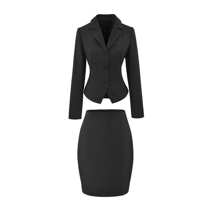 Notch Lapel Single-Breasted Plain Blazer with High Waist Pencil Skirt - Altfashion Shop