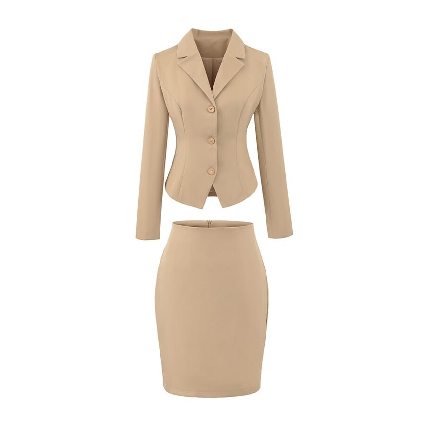 Notch Lapel Single-Breasted Plain Blazer with High Waist Pencil Skirt - Altfashion Shop