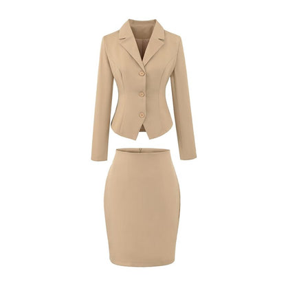 Notch Lapel Single-Breasted Plain Blazer with High Waist Pencil Skirt - Altfashion Shop