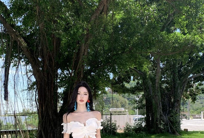 Black Short Sleeve Off Shoulder Plain Ruffle Drawstring Crop Top with Mid Rise Plaid Maxi A-Line Skirt - Altfashion Shop