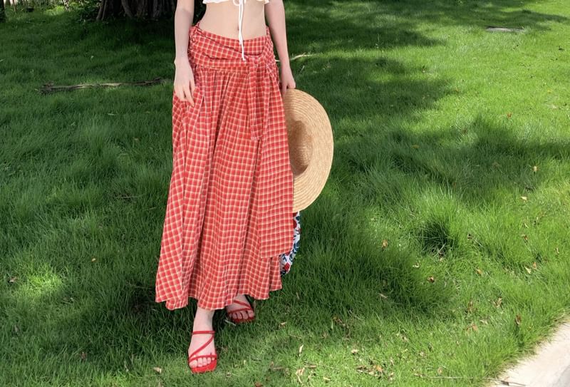 Black Short Sleeve Off Shoulder Plain Ruffle Drawstring Crop Top with Mid Rise Plaid Maxi A-Line Skirt - Altfashion Shop