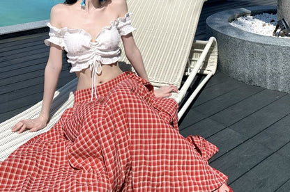 Black Short Sleeve Off Shoulder Plain Ruffle Drawstring Crop Top with Mid Rise Plaid Maxi A-Line Skirt - Altfashion Shop