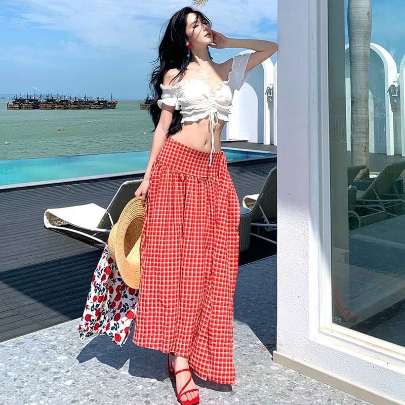 Black Short Sleeve Off Shoulder Plain Ruffle Drawstring Crop Top with Mid Rise Plaid Maxi A-Line Skirt - Altfashion Shop