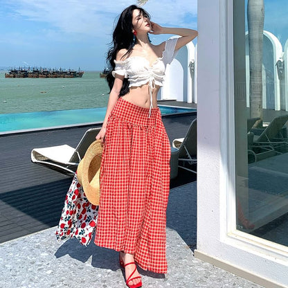 Black Short Sleeve Off Shoulder Plain Ruffle Drawstring Crop Top with Mid Rise Plaid Maxi A-Line Skirt - Altfashion Shop