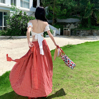 Black Short Sleeve Off Shoulder Plain Ruffle Drawstring Crop Top with Mid Rise Plaid Maxi A-Line Skirt - Altfashion Shop
