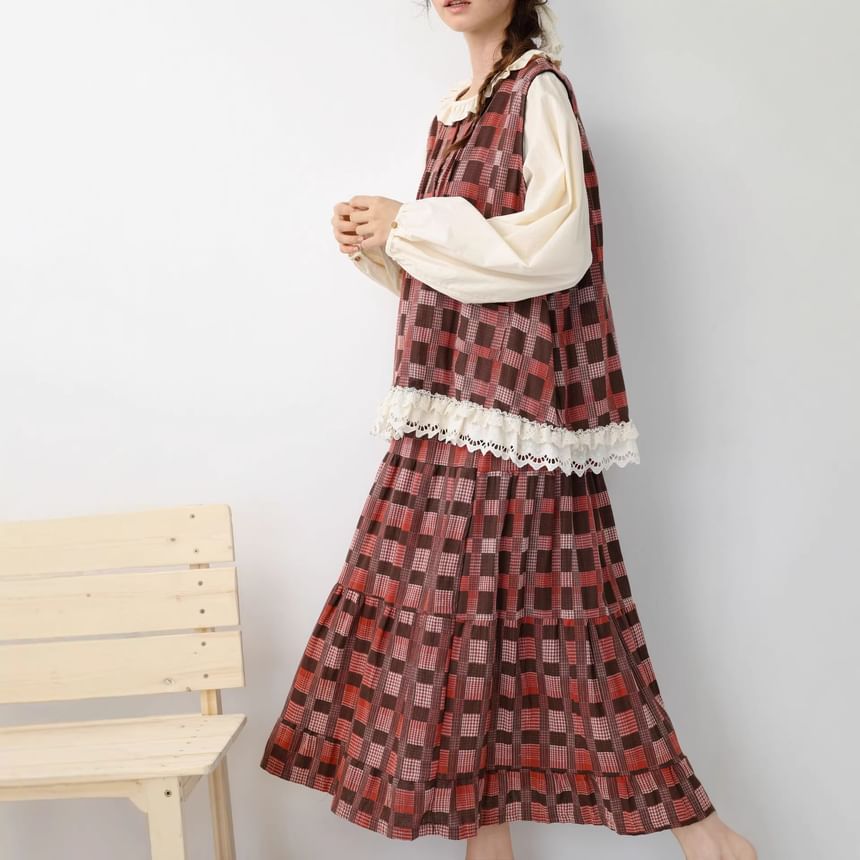 Long-Sleeve Plain Blouse with Plaid Tank Top and High Waist Maxi Skirt Set - Altfashion Shop