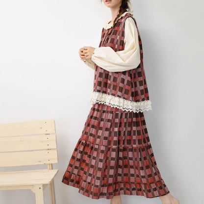 Long-Sleeve Plain Blouse with Plaid Tank Top and High Waist Maxi Skirt Set - Altfashion Shop
