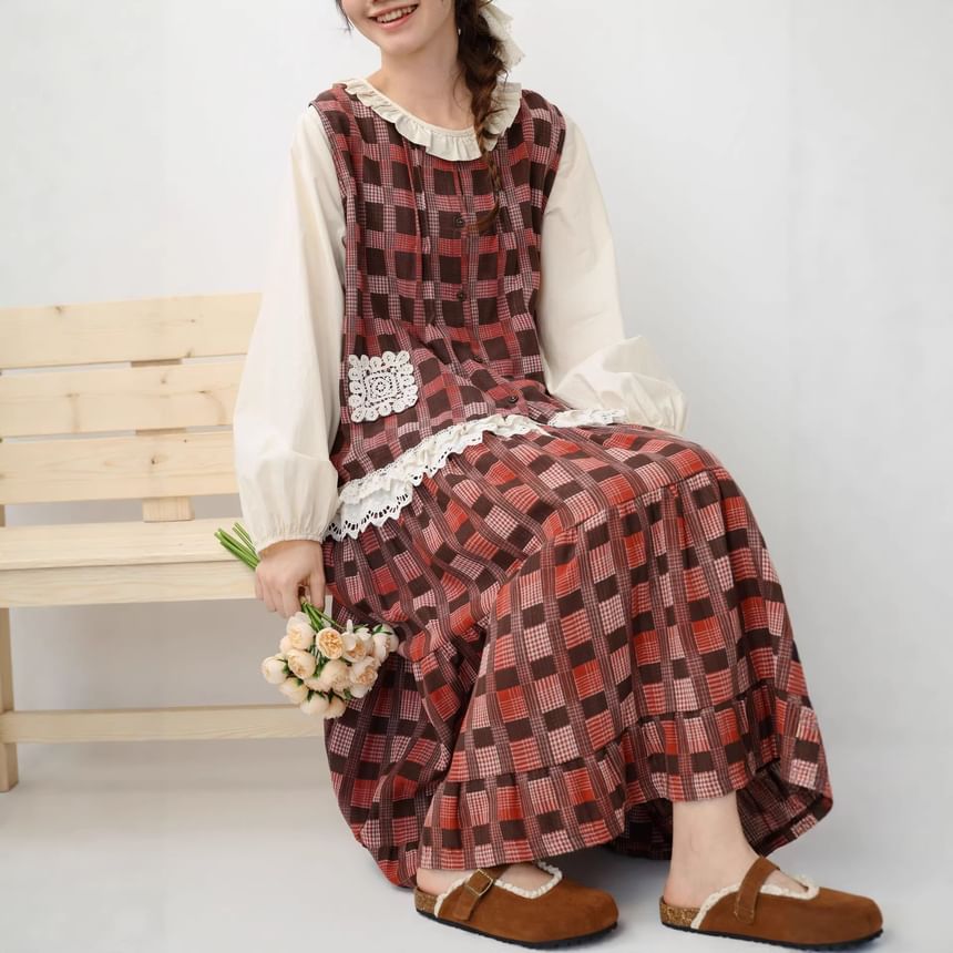 Long-Sleeve Plain Blouse with Plaid Tank Top and High Waist Maxi Skirt Set - Altfashion Shop