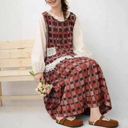 Long-Sleeve Plain Blouse with Plaid Tank Top and High Waist Maxi Skirt Set - Altfashion Shop