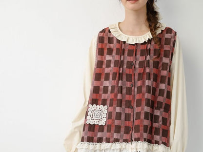 Long-Sleeve Plain Blouse with Plaid Tank Top and High Waist Maxi Skirt Set - Altfashion Shop