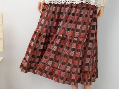 Long-Sleeve Plain Blouse with Plaid Tank Top and High Waist Maxi Skirt Set - Altfashion Shop