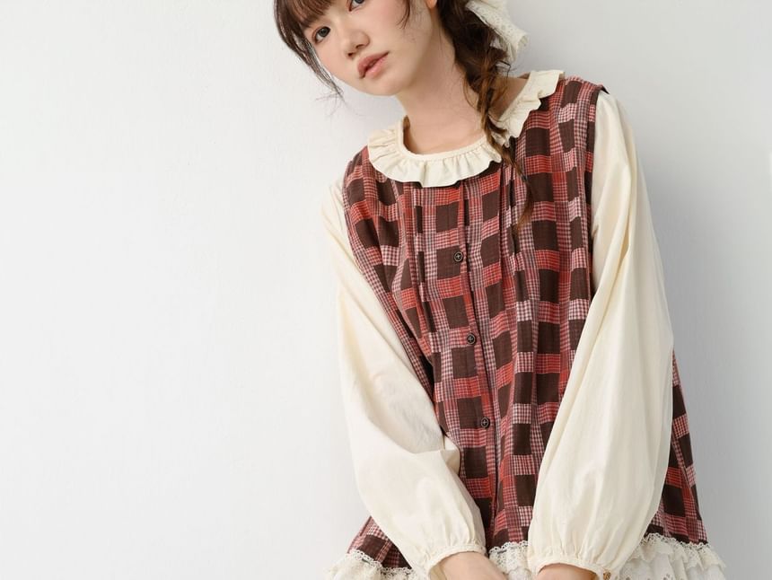 Long-Sleeve Plain Blouse with Plaid Tank Top and High Waist Maxi Skirt Set - Altfashion Shop