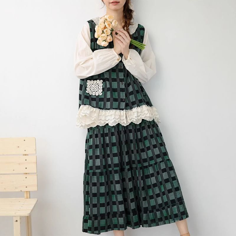 Long-Sleeve Plain Blouse with Plaid Tank Top and High Waist Maxi Skirt Set - Altfashion Shop