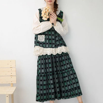 Long-Sleeve Plain Blouse with Plaid Tank Top and High Waist Maxi Skirt Set - Altfashion Shop