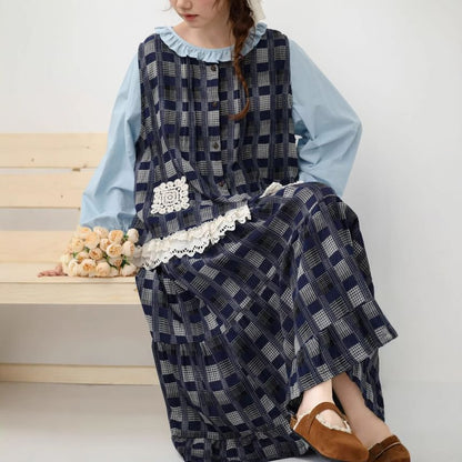 Long-Sleeve Plain Blouse with Plaid Tank Top and High Waist Maxi Skirt Set - Altfashion Shop