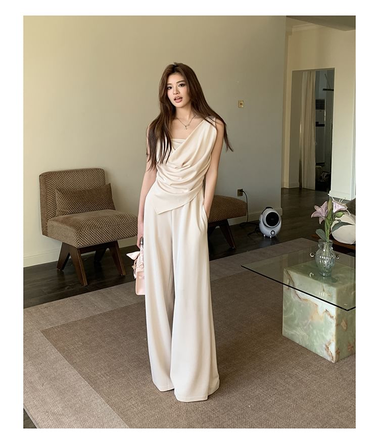 Cowl Neck Sleeveless Asymmetric Top with Wide Leg Pants