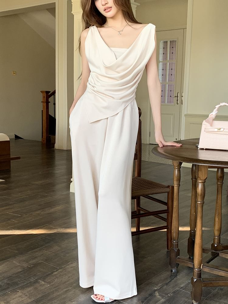 Cowl Neck Sleeveless Asymmetric Top with Wide Leg Pants