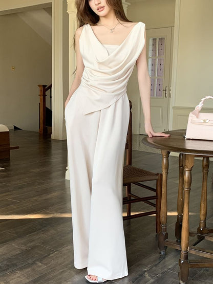 Cowl Neck Sleeveless Asymmetric Top with Wide Leg Pants