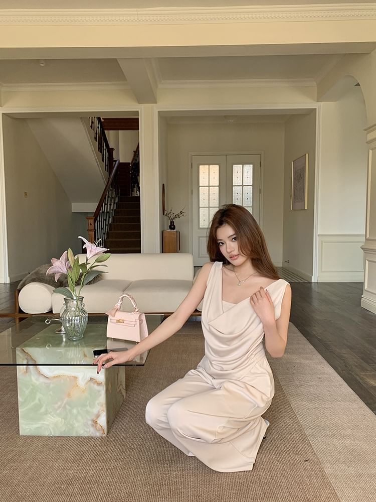 Cowl Neck Sleeveless Asymmetric Top with Wide Leg Pants