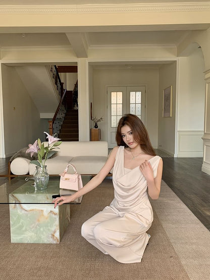 Cowl Neck Sleeveless Asymmetric Top with Wide Leg Pants