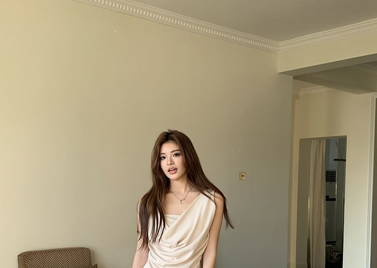 Cowl Neck Sleeveless Asymmetric Top with Wide Leg Pants