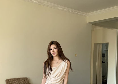 Cowl Neck Sleeveless Asymmetric Top with Wide Leg Pants