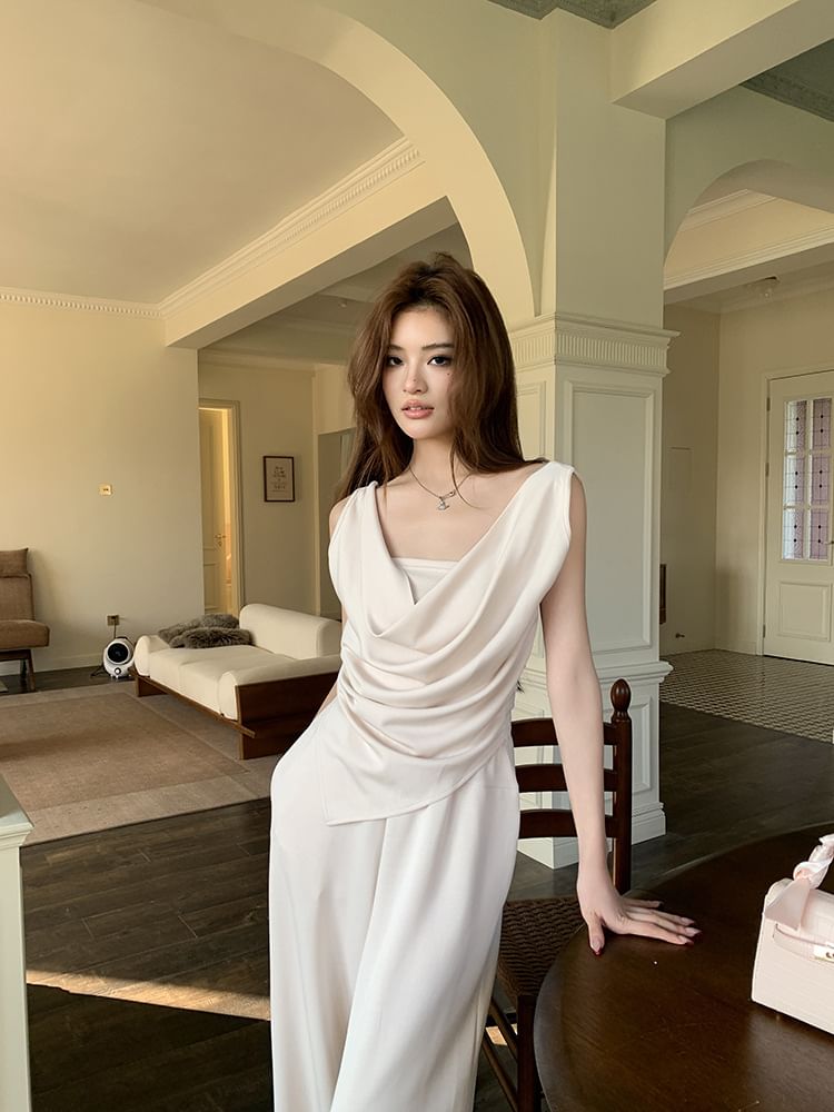 Cowl Neck Sleeveless Asymmetric Top with Wide Leg Pants