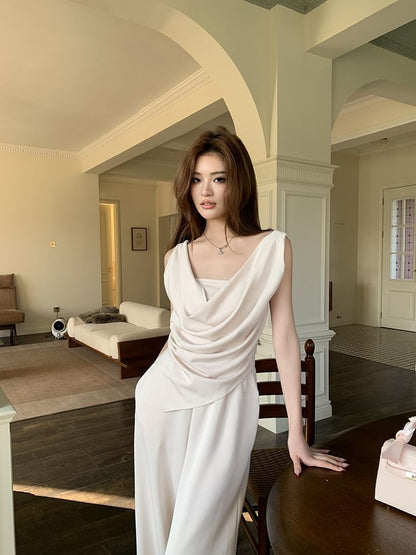 Cowl Neck Sleeveless Asymmetric Top with Wide Leg Pants