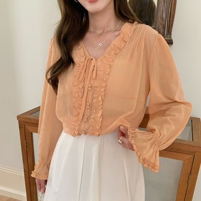 Ruffle Tie-Front Long Sleeve V-Neck Blouse