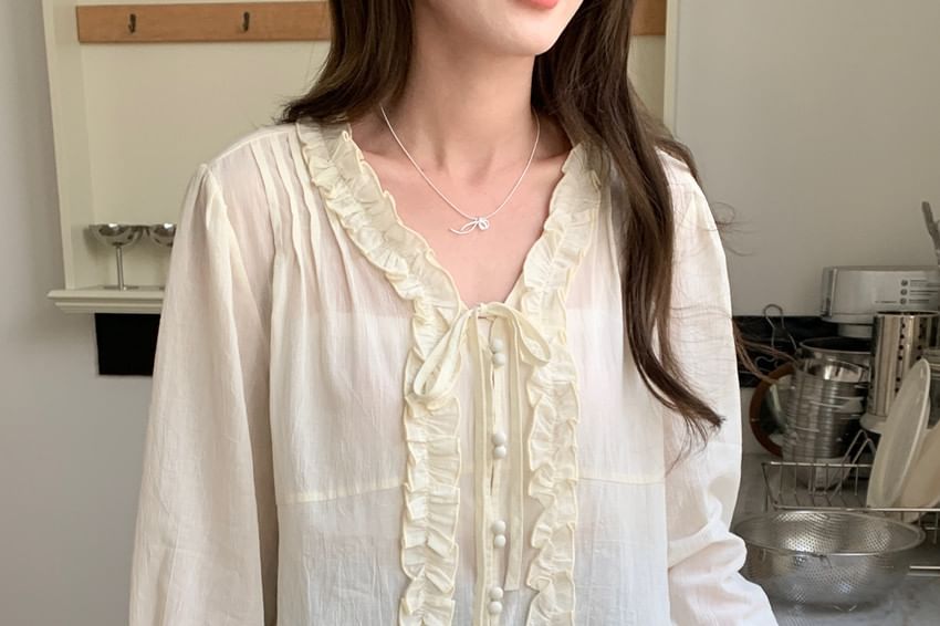 Ruffle Tie-Front Long Sleeve V-Neck Blouse