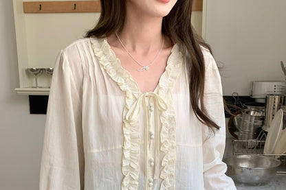 Ruffle Tie-Front Long Sleeve V-Neck Blouse