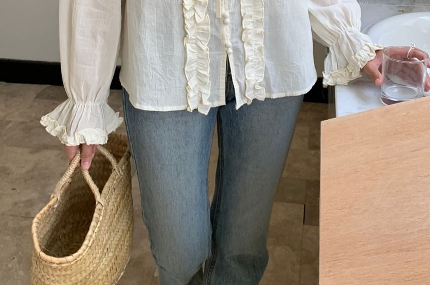 Ruffle Tie-Front Long Sleeve V-Neck Blouse