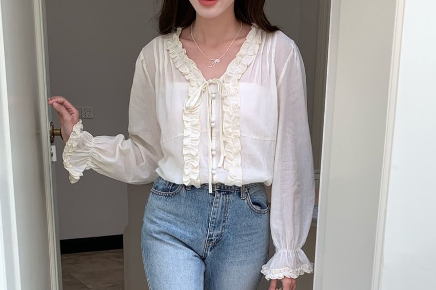 Ruffle Tie-Front Long Sleeve V-Neck Blouse