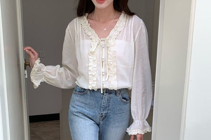 Ruffle Tie-Front Long Sleeve V-Neck Blouse