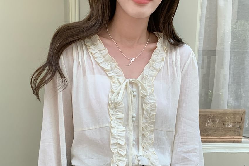 Ruffle Tie-Front Long Sleeve V-Neck Blouse