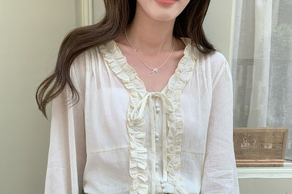 Ruffle Tie-Front Long Sleeve V-Neck Blouse