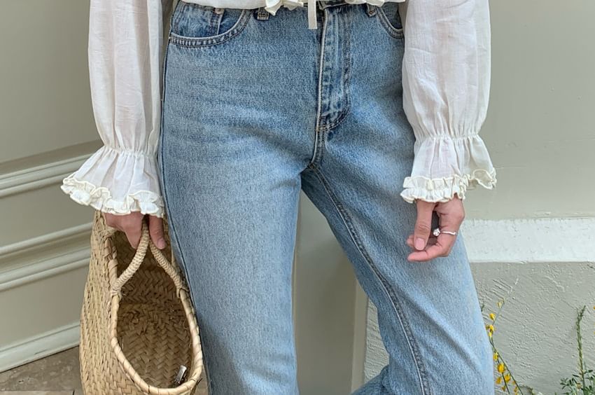 Ruffle Tie-Front Long Sleeve V-Neck Blouse