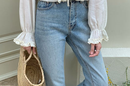 Ruffle Tie-Front Long Sleeve V-Neck Blouse