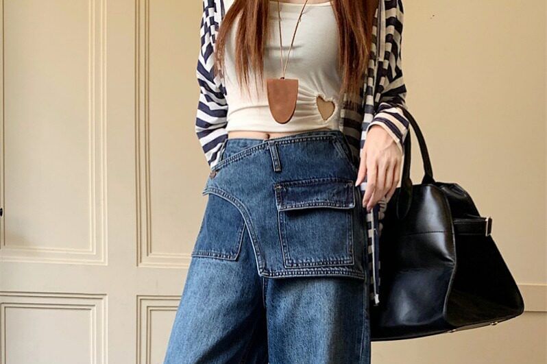 Black Mid Rise Washed Skirt Overlay Wide Leg Jeans - Altfashion Shop