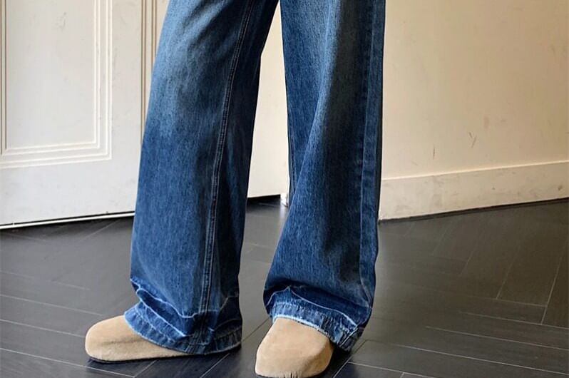 Black Mid Rise Washed Skirt Overlay Wide Leg Jeans - Altfashion Shop